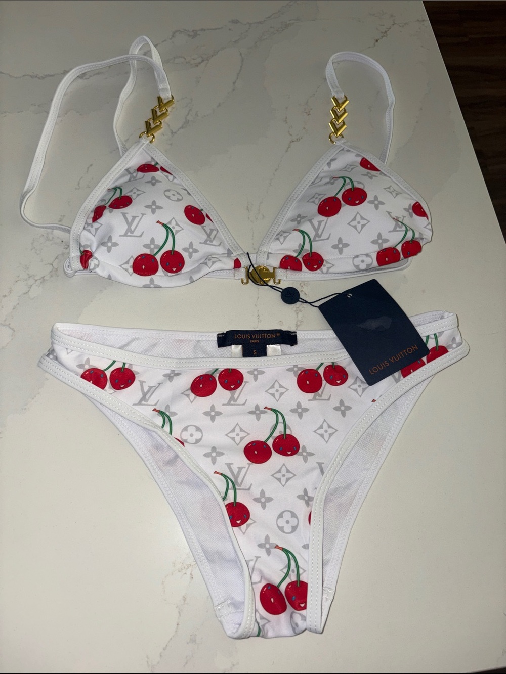 Louis Vuitton White Bikini with Red Cherry Monogram size small